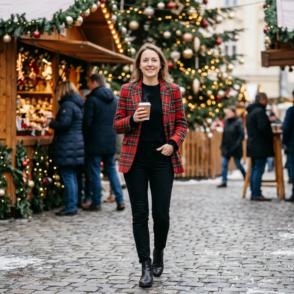 Red Plaid Blazer with Black Jeans