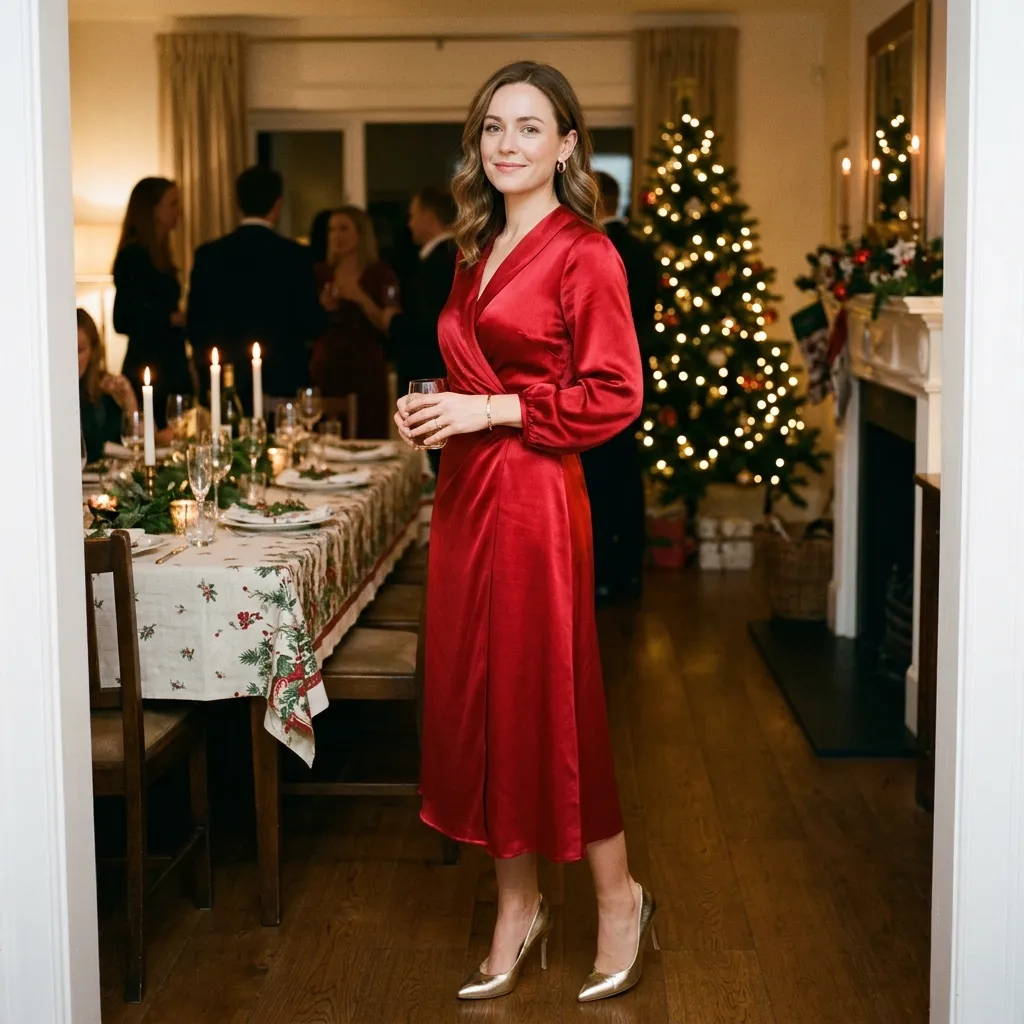 Red Satin Dress with Gold Heels