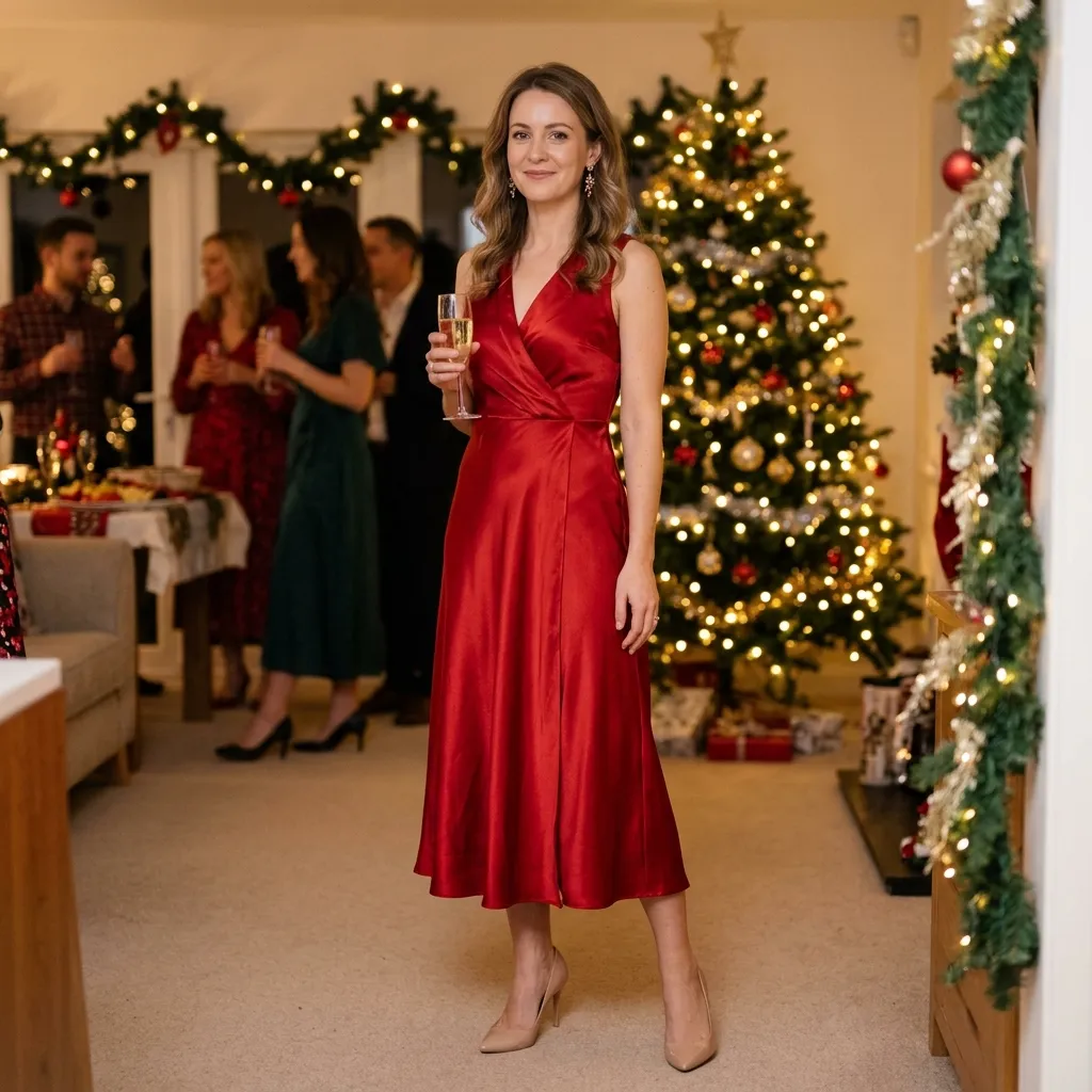 Red Satin Midi Dress with Nude Heels