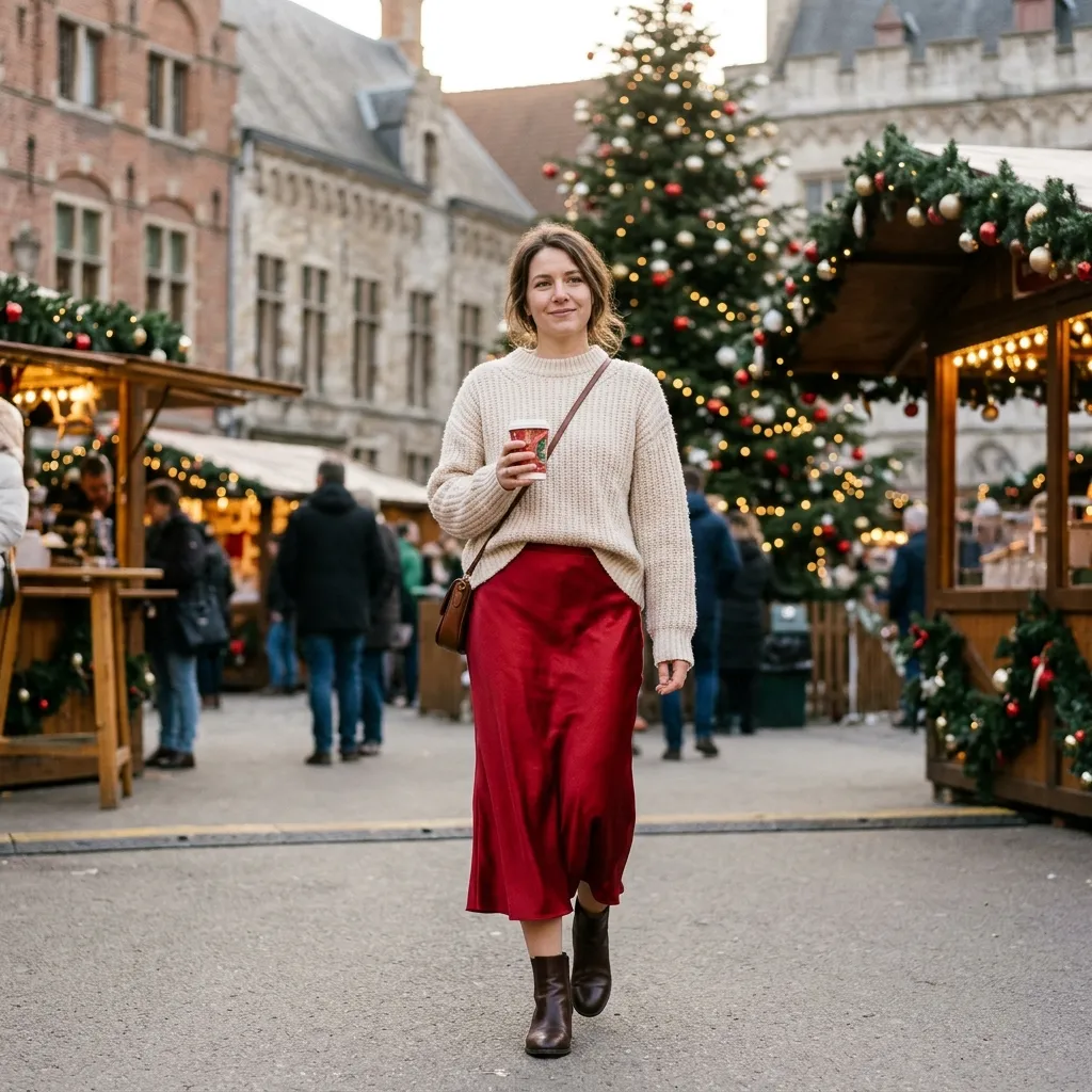 Red Satin Midi Skirt with Cream Sweater