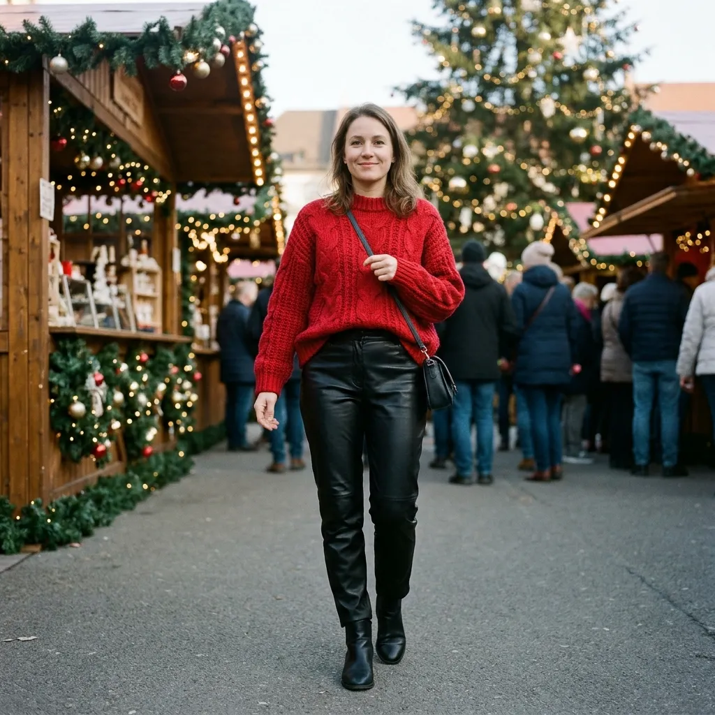 Red Sweater with Black Leather Pants