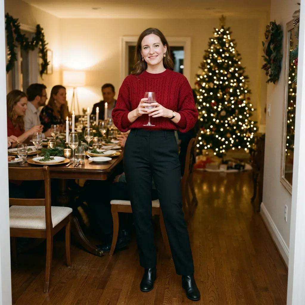 Red Sweater with Black Tailored Pants