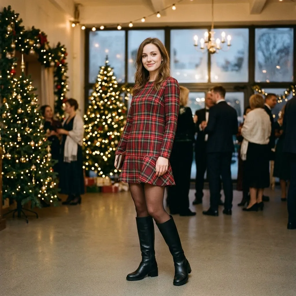 Red Tartan Mini Dress with Knee-High Boots