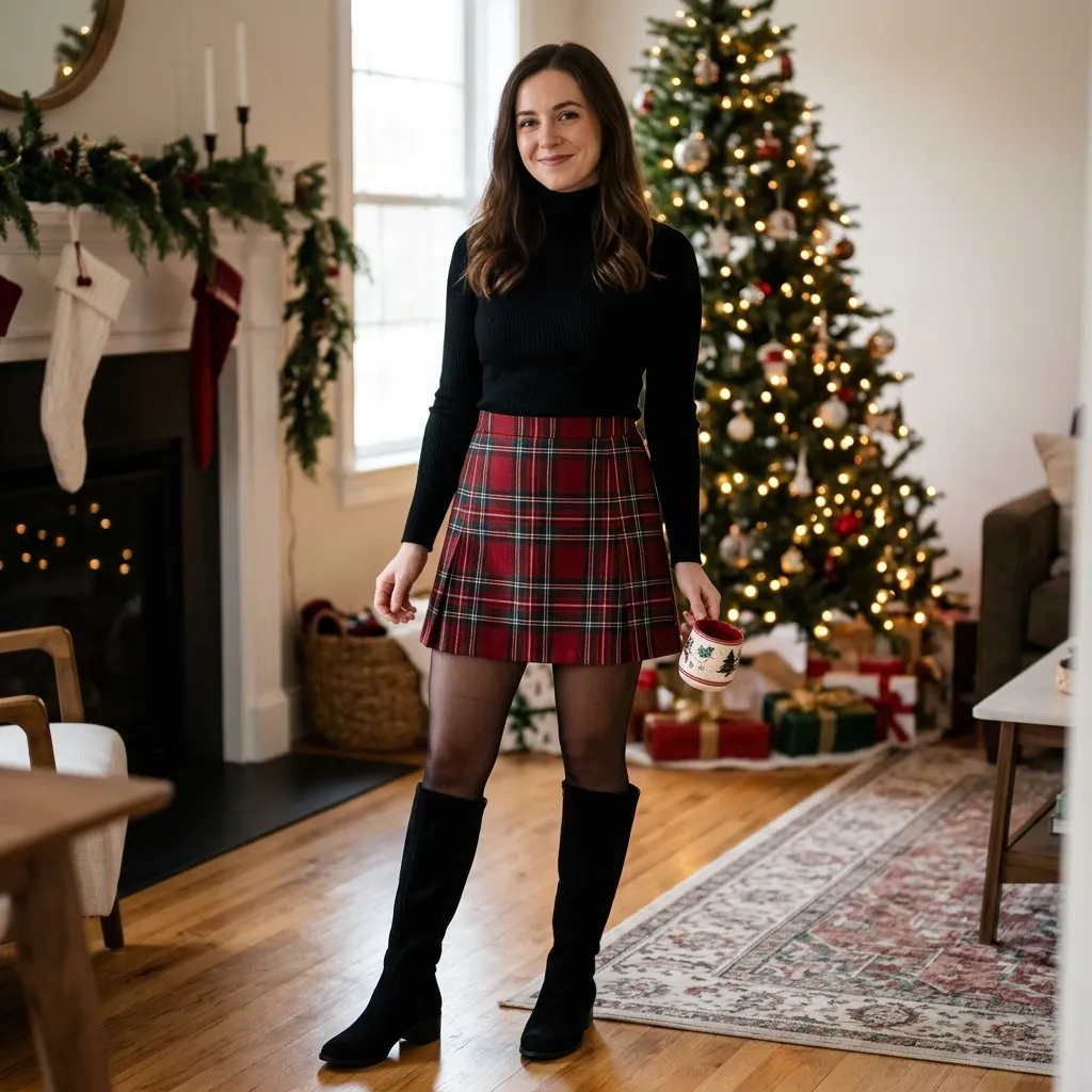Red Tartan Mini Skirt with a Black Turtleneck and Tall Boots