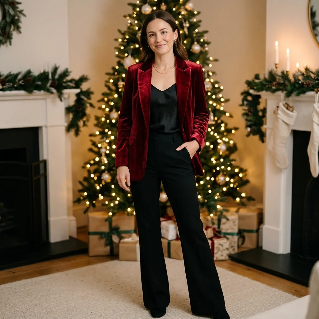 Red Velvet Blazer with Black Flared Pants