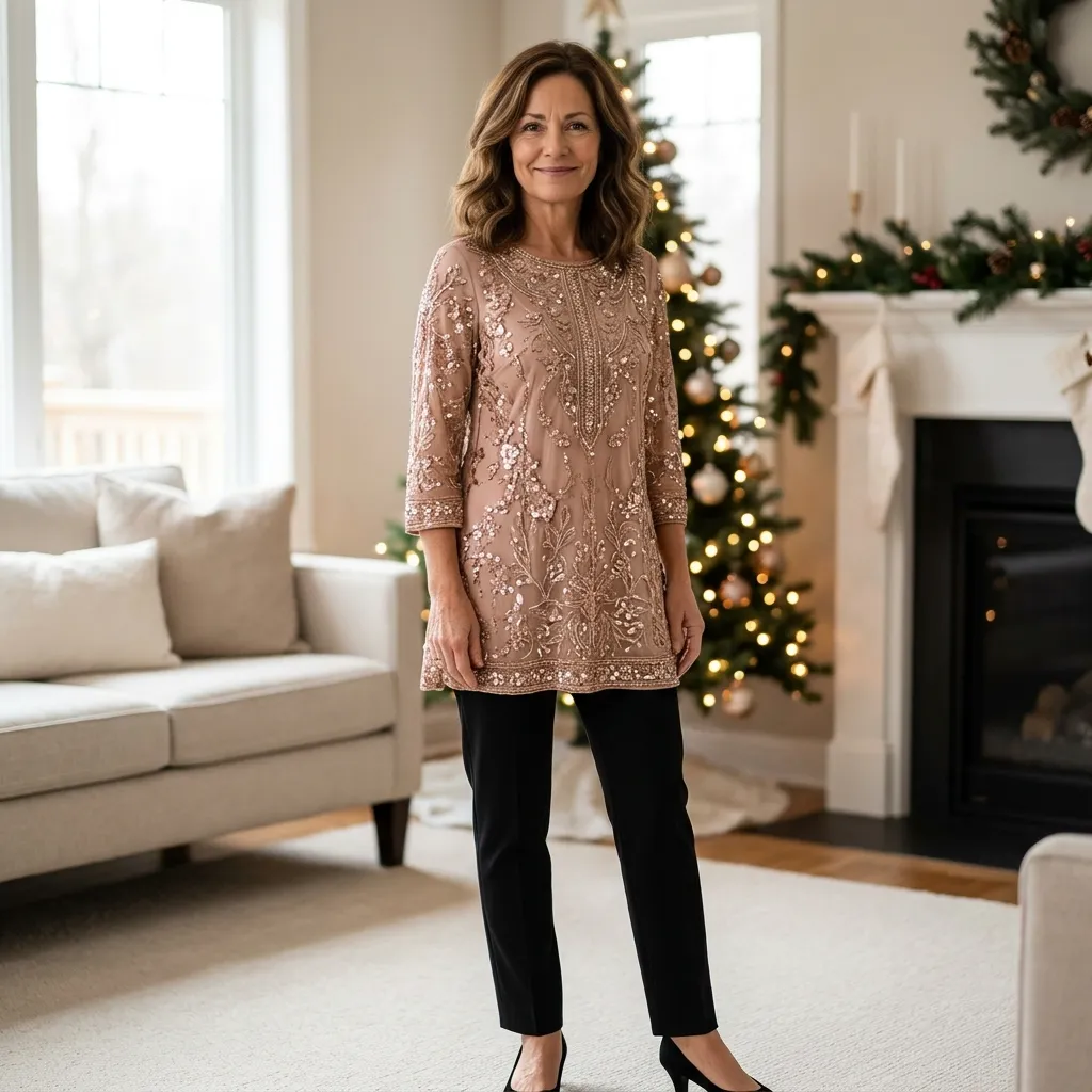 Rose Gold Embellished Tunic with Slim Black Trousers