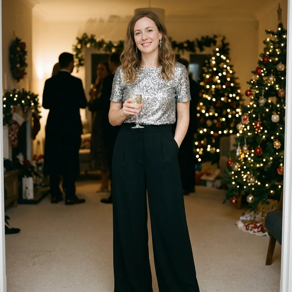 Silver Sequin Top with Wide-Leg Trousers