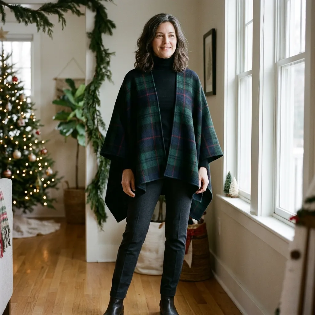 Tartan Cape with a Black Turtleneck and Slim Pants