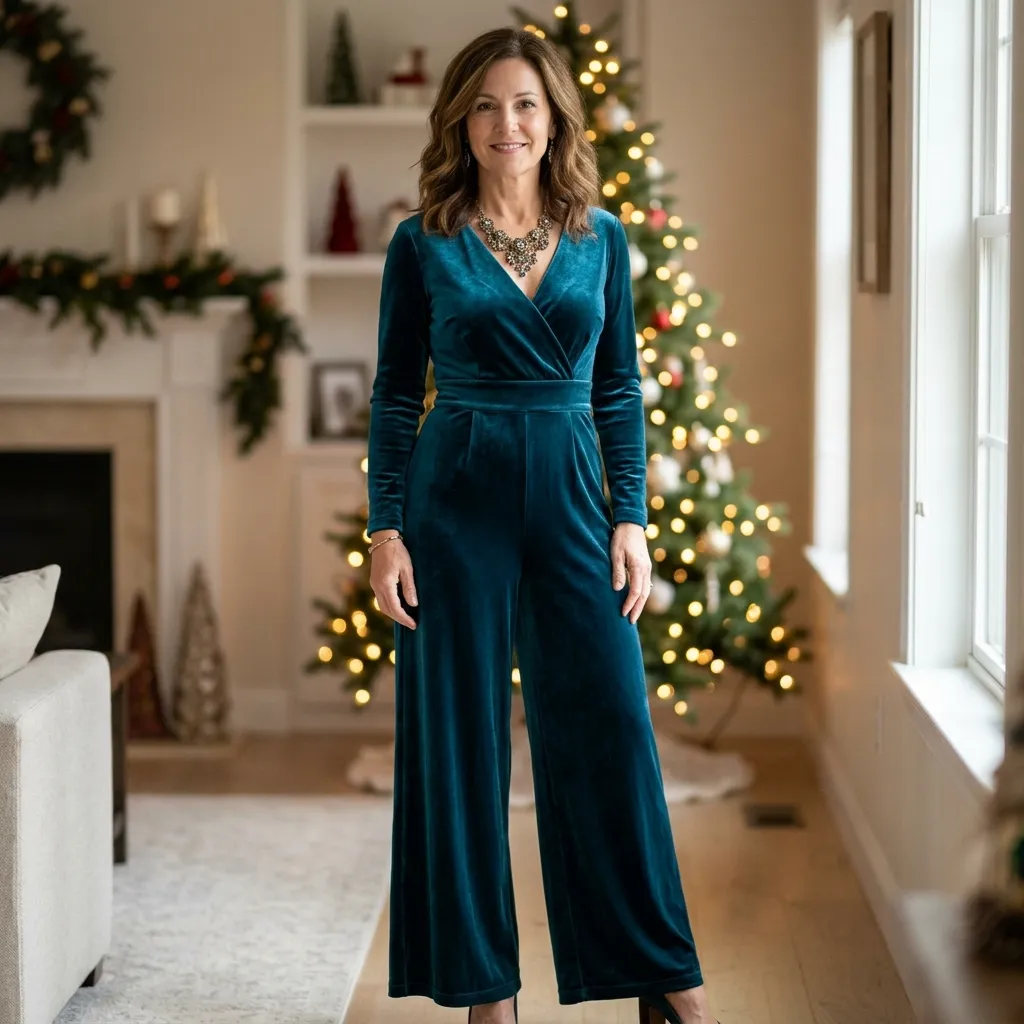 Teal Velvet Palazzo Jumpsuit with Statement Necklace