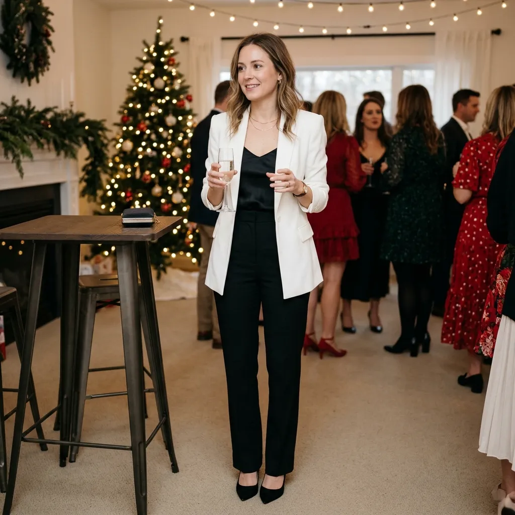 White Blazer with Black Tailored Trousers