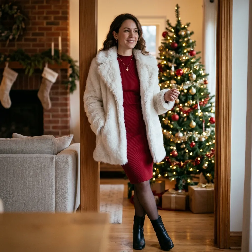 White Faux-Fur Coat with a Red Bodycon Dress