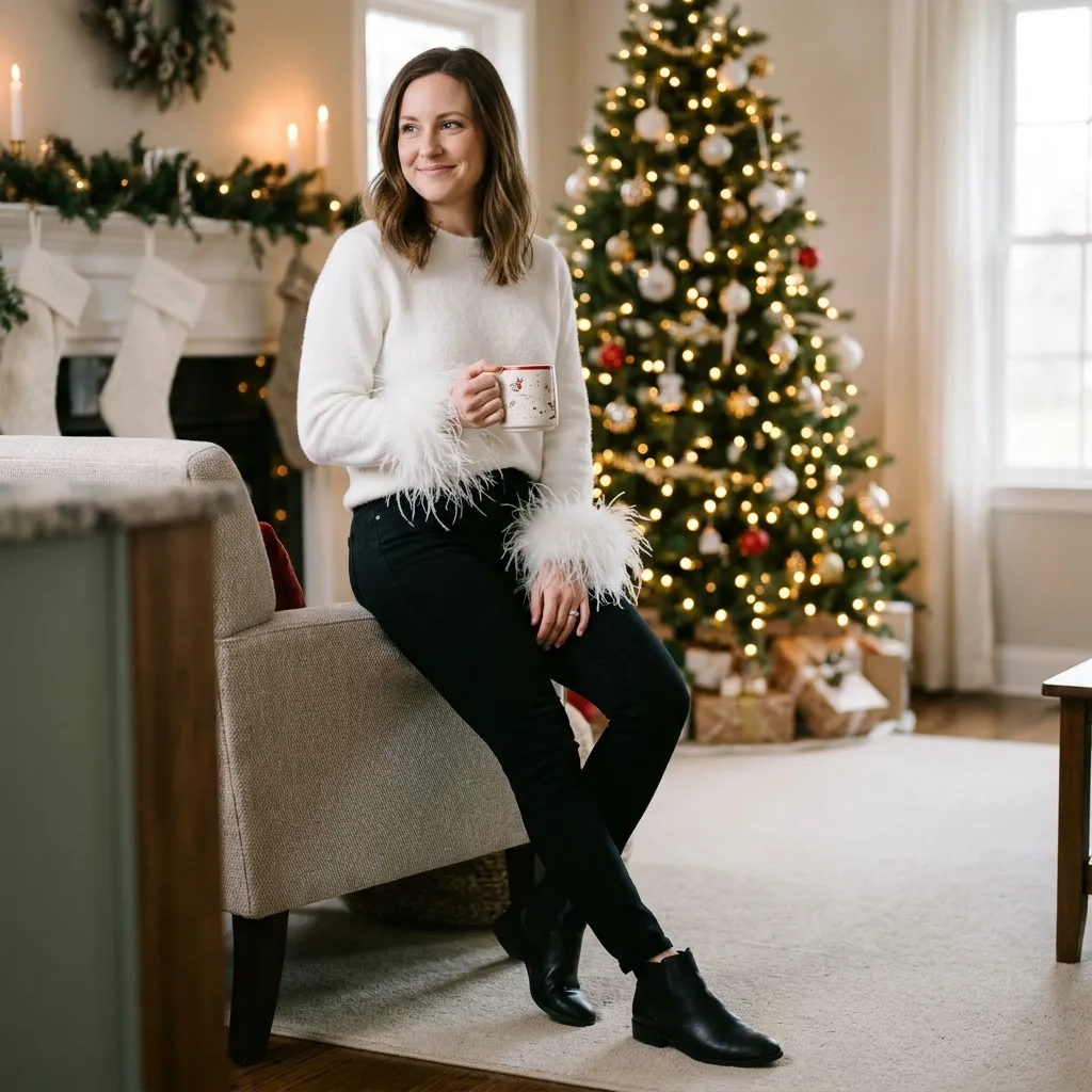 White Feather-Trimmed Sweater with Black Skinny Jeans