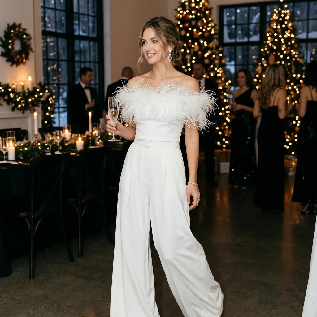 White Feather-Trimmed Top with Wide-Leg Trousers