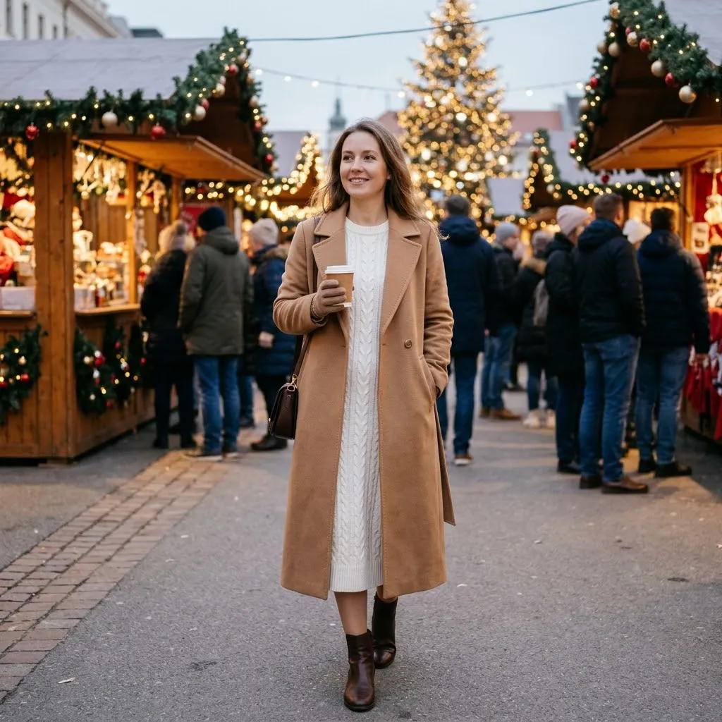 White Knit Dress with Camel Coat