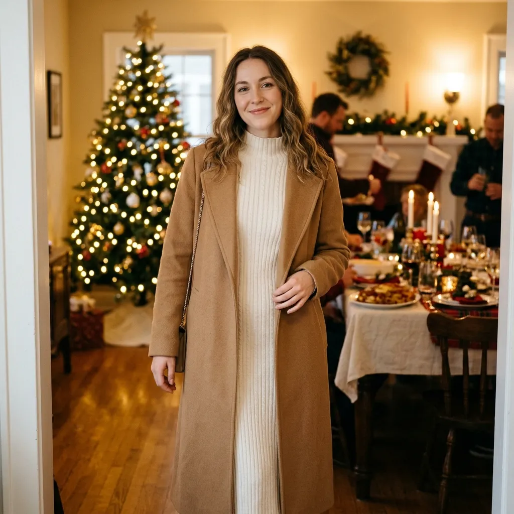 White Knit Dress with a Camel Coat