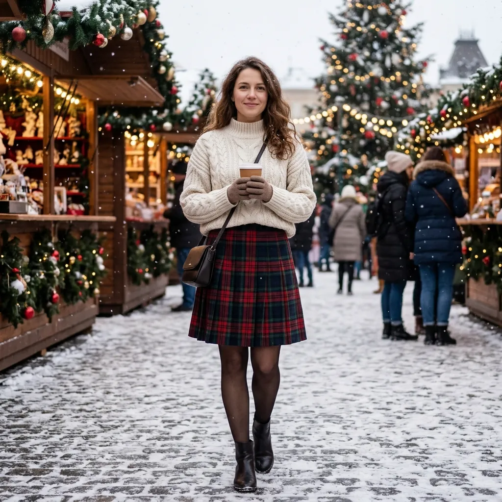 White Sweater with Plaid Skirt