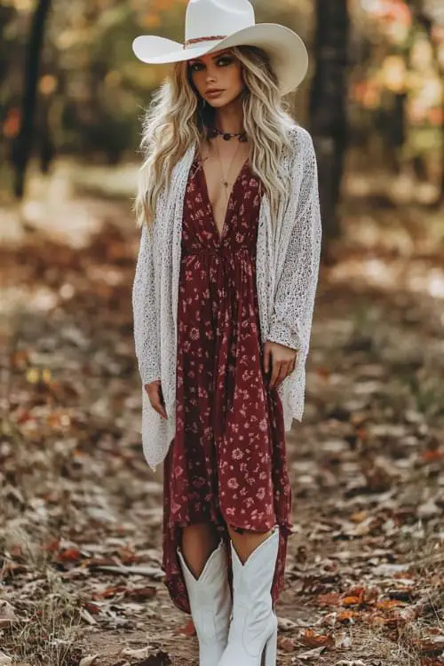 Flowy Boho-Style Dress, Oversized Cardigan, Cowboy Boots